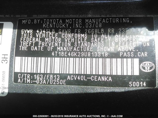 4T1BE46K29U813318 - 2009 TOYOTA CAMRY SE/LE/XLE 灰色 照片 9