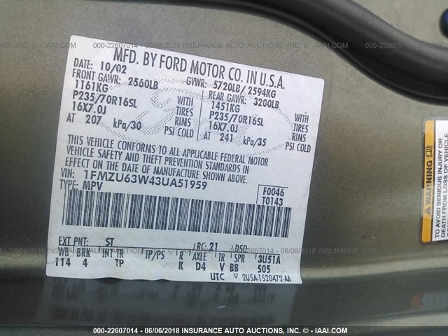 1FMZU63W43UA51959 - 2003 FORD EXPLORER XLT/XLT SPORT/NBX 绿色 照片 9