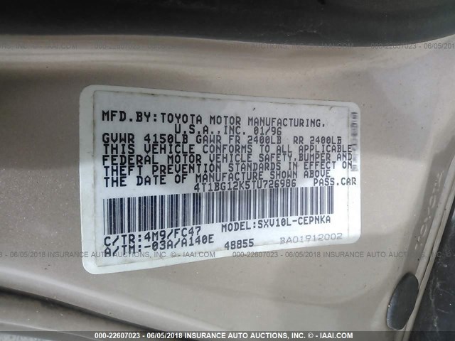 4T1BG12K5TU726986 - 1996 TOYOTA CAMRY DX/LE/XLE BEIGE photo 9