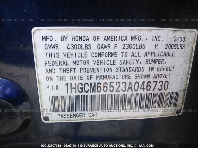 1HGCM66523A046730 - 2003 HONDA ACCORD EX BLUE photo 9