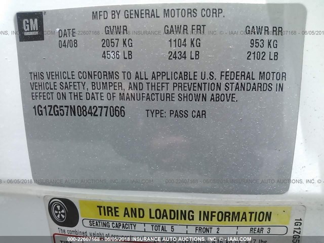 1G1ZG57N084277066 - 2008 CHEVROLET MALIBU LS 白色 照片 9