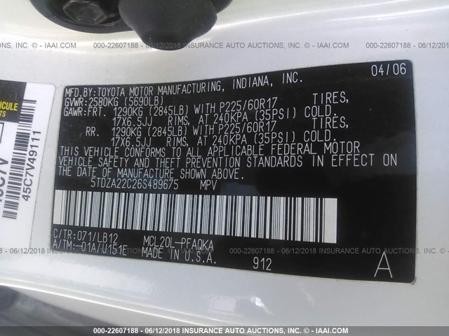 5TDZA22C26S489675 - 2006 TOYOTA SIENNA XLE/XLE LIMITED WHITE photo 9