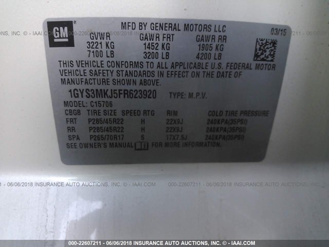 1GYS3MKJ5FR623920 - 2015 CADILLAC ESCALADE LUXURY 奶油色 照片 9