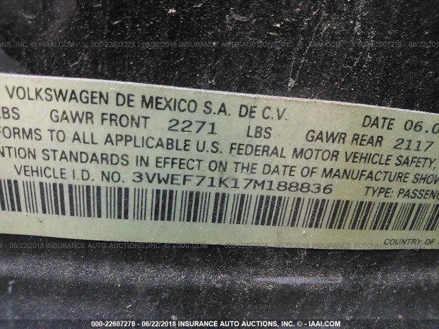 3VWEF71K17M188836 - 2007 VOLKSWAGEN JETTA WOLFSBURG 黑色 照片 9