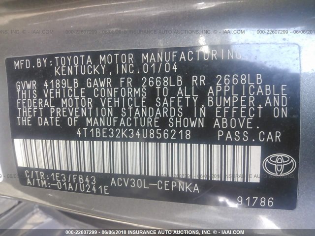 4T1BE32K34U856218 - 2004 TOYOTA CAMRY LE/XLE/SE ნაცრისფერი ფოტო 9
