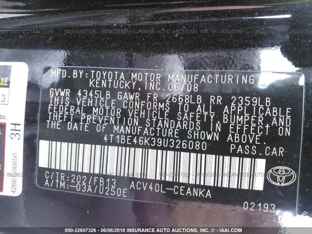 4T1BE46K39U326080 - 2009 TOYOTA CAMRY SE/LE/XLE BLACK photo 9