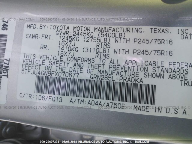 5TFJU4GN9FX070677 - 2015 TOYOTA TACOMA DOUBLE CAB PRERUNNER SILVER photo 9