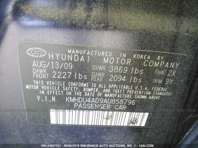 KMHDU4AD9AU858796 - 2010 HYUNDAI ELANTRA BLUE/GLS/SE Dark Blue photo 9