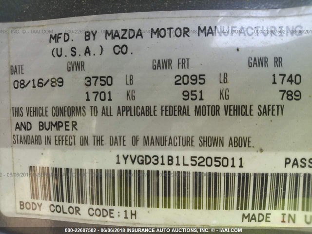 1YVGD31B1L5205011 - 1990 MAZDA MX-6 BLUE photo 9