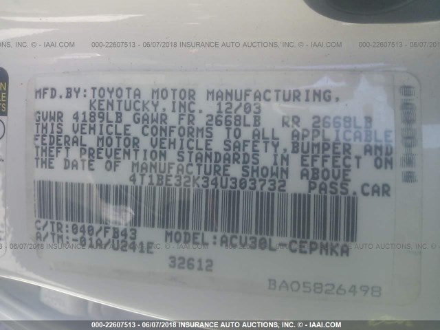 4T1BE32K34U303732 - 2004 TOYOTA CAMRY LE/XLE/SE 白色 照片 9