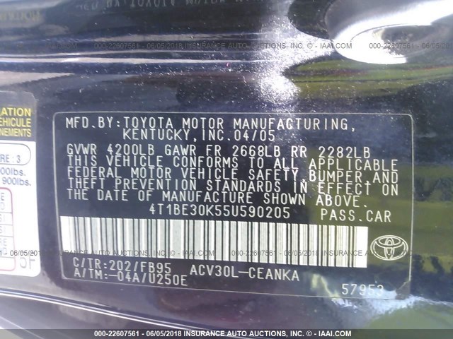 4T1BE30K55U590205 - 2005 TOYOTA CAMRY LE/XLE/SE 黑色 照片 9