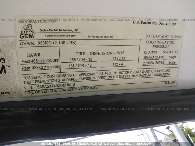 5ASAG47492F028410 - 2002 GLOBAL ELECTRIC MOTORS 825 أبيض صورة 9