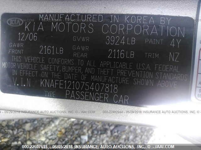 KNAFE121075407818 - 2007 KIA SPECTRA EX/LX GOLD photo 9