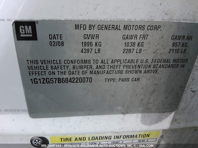 1G1ZG57B684220070 - 2008 CHEVROLET MALIBU LS 白色 照片 9