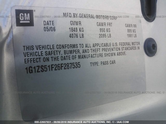 1G1ZS51F26F287535 - 2006 CHEVROLET MALIBU LS 银色 照片 9