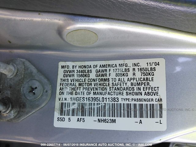 1HGES16395L011383 - 2005 HONDA CIVIC DX VP SILVER photo 9