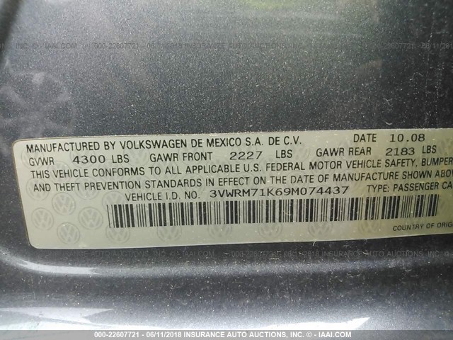 3VWRM71K69M074437 - 2009 VOLKSWAGEN JETTA SE/SEL GRAY photo 9