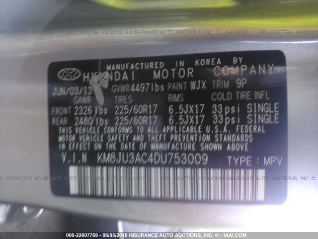 KM8JU3AC4DU753009 - 2013 HYUNDAI TUCSON GLS/LIMITED ვერცხლისფერი ფოტო 9