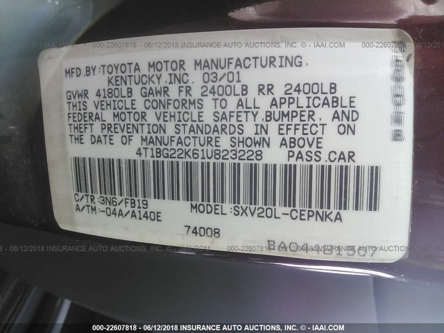 4T1BG22K61U823228 - 2001 TOYOTA CAMRY CE/LE/XLE 勃艮第红 照片 9