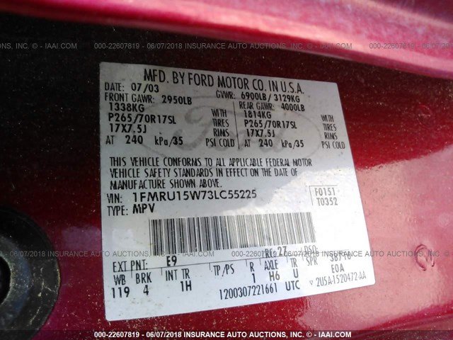 1FMRU15W73LC55225 - 2003 FORD EXPEDITION XLT RED photo 9