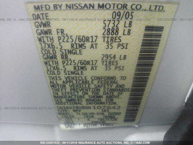 5N1BV28U86N107642 - 2006 NISSAN QUEST S/SE/SL WHITE photo 9