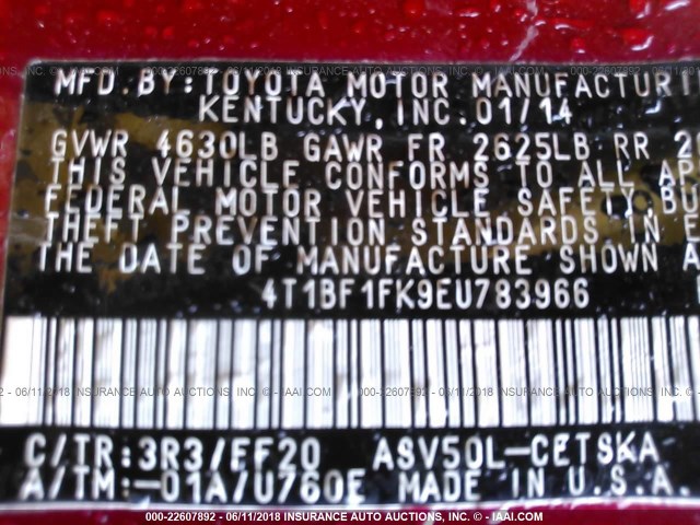 4T1BF1FK9EU783966 - 2014 TOYOTA CAMRY L/SE/LE/XLE Qırmızı foto 9