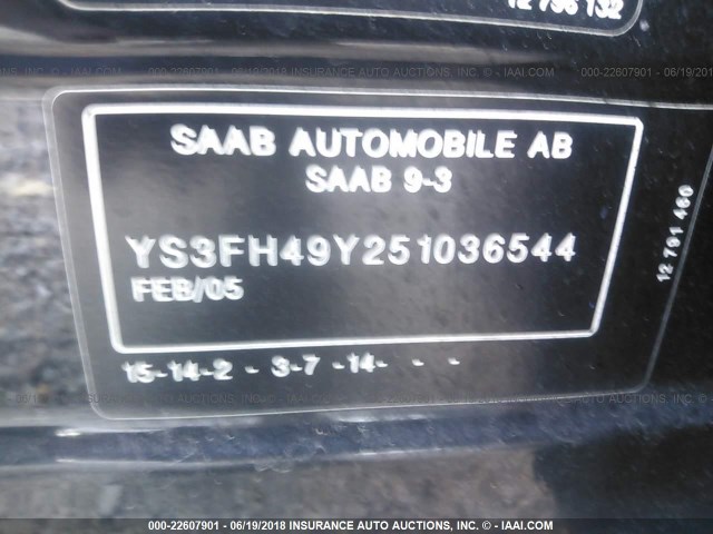 YS3FH49Y251036544 - 2005 SAAB 9-3 AERO BLACK photo 9