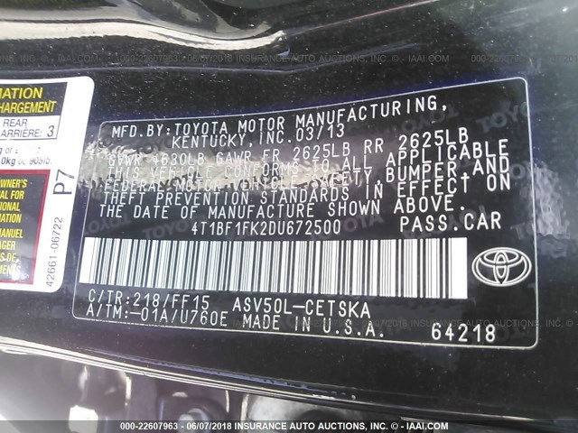 4T1BF1FK2DU672500 - 2013 TOYOTA CAMRY L/SE/LE/XLE Qara foto 9