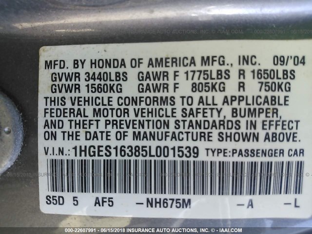 1HGES16385L001539 - 2005 HONDA CIVIC DX VP SILVER photo 9