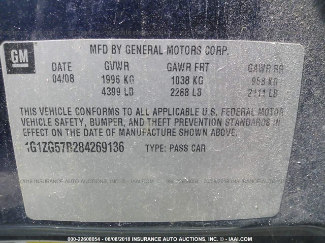 1G1ZG57B284269136 - 2008 CHEVROLET MALIBU LS 蓝色 照片 9