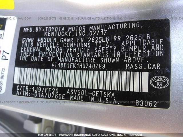 4T1BF1FK1HU740789 - 2017 TOYOTA CAMRY LE/XLE/SE/XSE SILVER photo 9