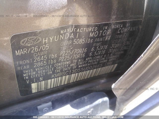 KM8SC13D55U002665 - 2005 HYUNDAI SANTA FE GLS/LX BROWN photo 9