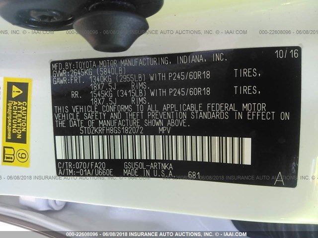 5TDZKRFH8GS182072 - 2016 TOYOTA HIGHLANDER LE/LE PLUS თეთრი ფოტო 9