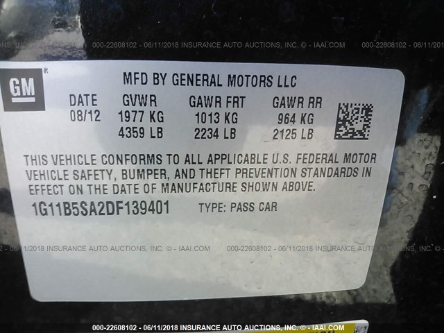 1G11B5SA2DF139401 - 2013 CHEVROLET MALIBU LS 黑色 照片 9