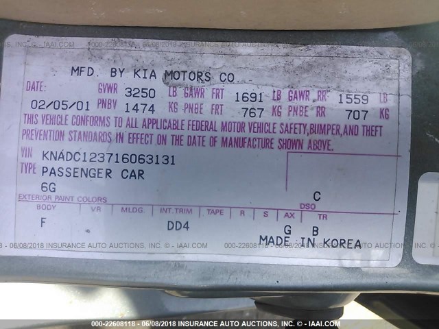 KNADC123716063131 - 2001 KIA RIO GREEN photo 9