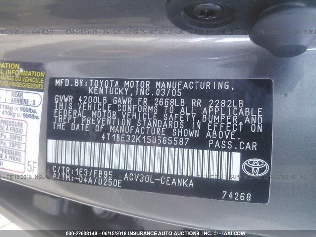 4T1BE32K15U565587 - 2005 TOYOTA CAMRY LE/XLE/SE 灰色 照片 9