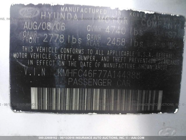 KMHFC46F77A144388 - 2007 HYUNDAI AZERA SE/LIMITED SILVER photo 9