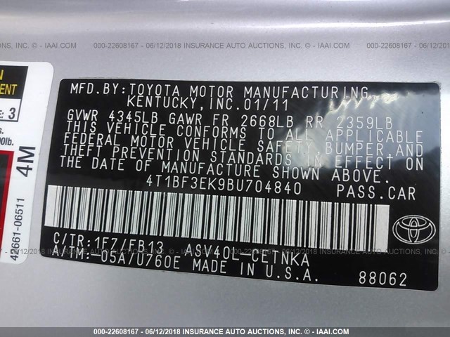 4T1BF3EK9BU704840 - 2011 TOYOTA CAMRY SE/LE/XLE 银色 照片 9