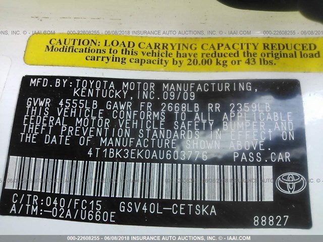 4T1BK3EK0AU603776 - 2010 TOYOTA CAMRY SE/LE/XLE თეთრი ფოტო 9