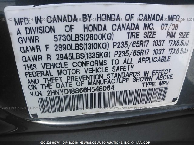 2HNYD18866H546064 - 2006 ACURA MDX TOURING GRAY photo 9