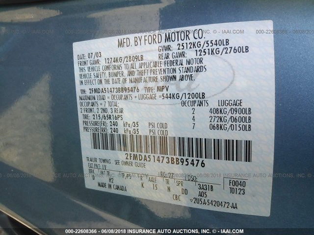 2FMDA51473BB95476 - 2003 FORD WINDSTAR LX BLUE photo 9