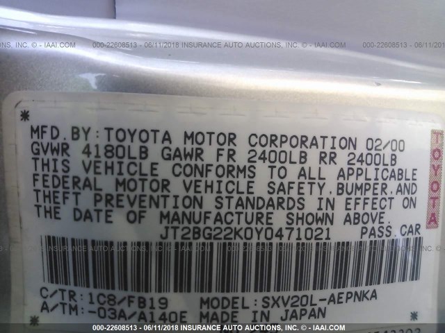 JT2BG22K0Y0471021 - 2000 TOYOTA CAMRY CE/LE/XLE SILVER photo 9
