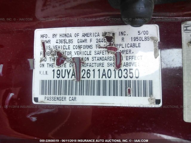 19UYA42611A010350 - 2001 ACURA 3.2CL TYPE-S RED photo 9