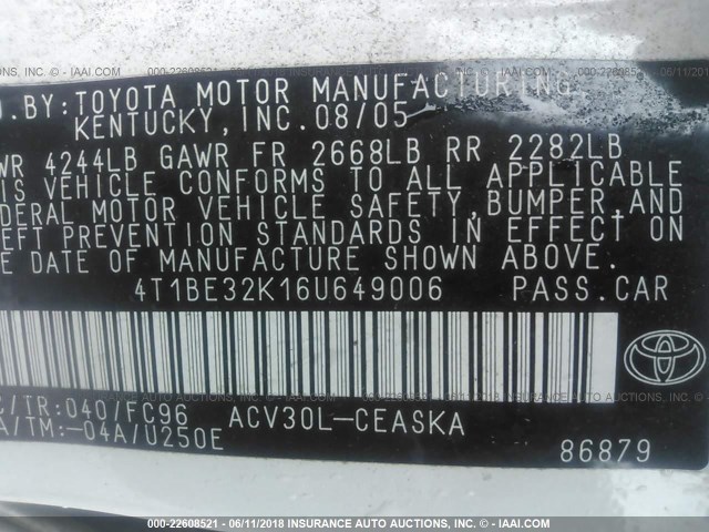 4T1BE32K16U649006 - 2006 TOYOTA CAMRY LE/XLE/SE 白色 照片 9