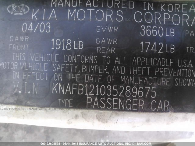 KNAFB121035289675 - 2003 KIA SPECTRA LS Ağ foto 9