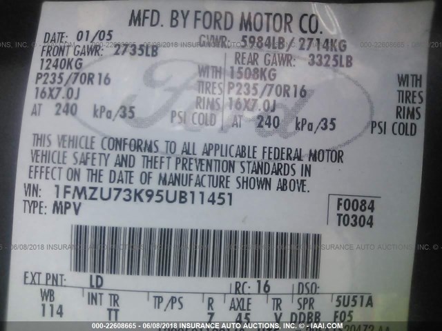 1FMZU73K95UB11451 - 2005 FORD EXPLORER XLT/XLT SPORT/NBX 蓝色 照片 9