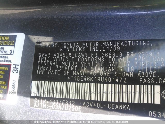 4T1BE46K19U401472 - 2009 TOYOTA CAMRY SE/LE/XLE GRAY photo 9