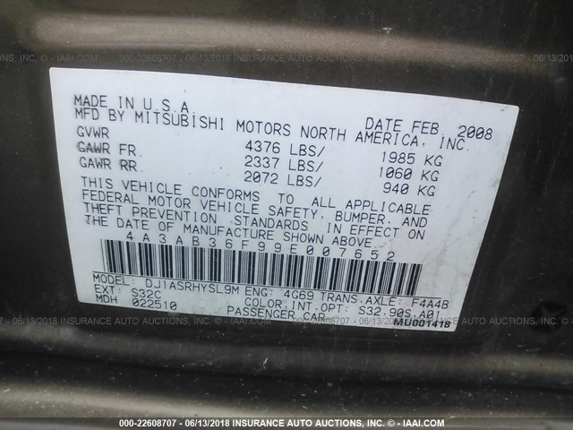 4A3AB36F99E007652 - 2009 MITSUBISHI GALANT ES BROWN photo 9