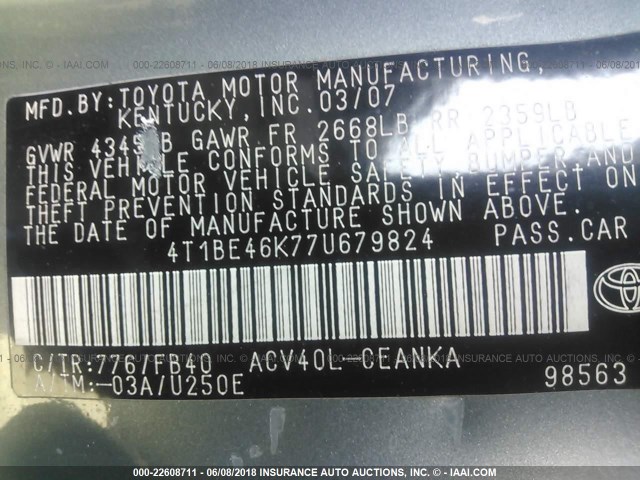 4T1BE46K77U679824 - 2007 TOYOTA CAMRY NEW GENERAT CE/LE/XLE/SE GREEN photo 9