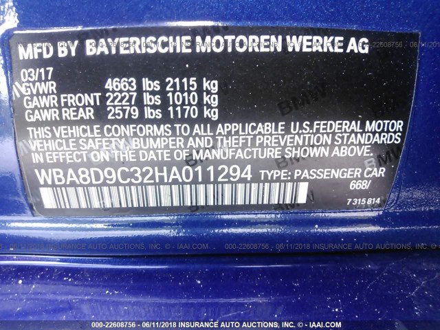 WBA8D9C32HA011294 - 2017 BMW 330 XI BLUE photo 9